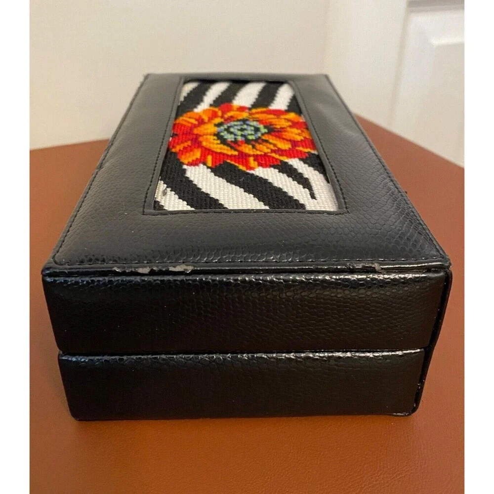 Vtg Floral Needlepoint Locking JEWELRY BOX Hand Stitched Black Zebra Small Lined
